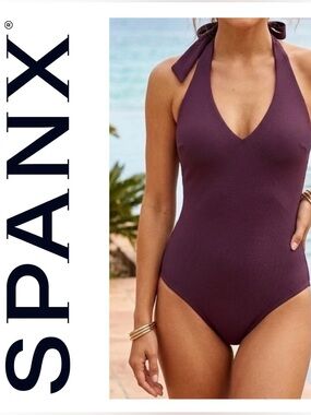 SPANX Burgundy pique shaping Halter One-Piece Swimsuit mulberry XL